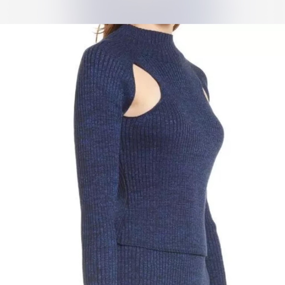 Blue Cowl Neck Sweater with Ribbed Details